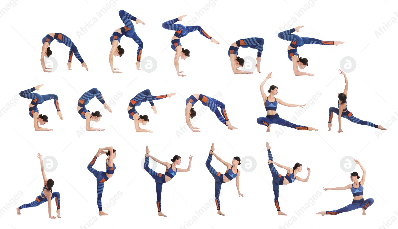 Image of Collage of woman practicing yoga on white background