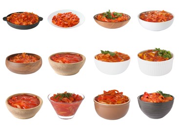 Image of Collage of lecho in dishware on white background