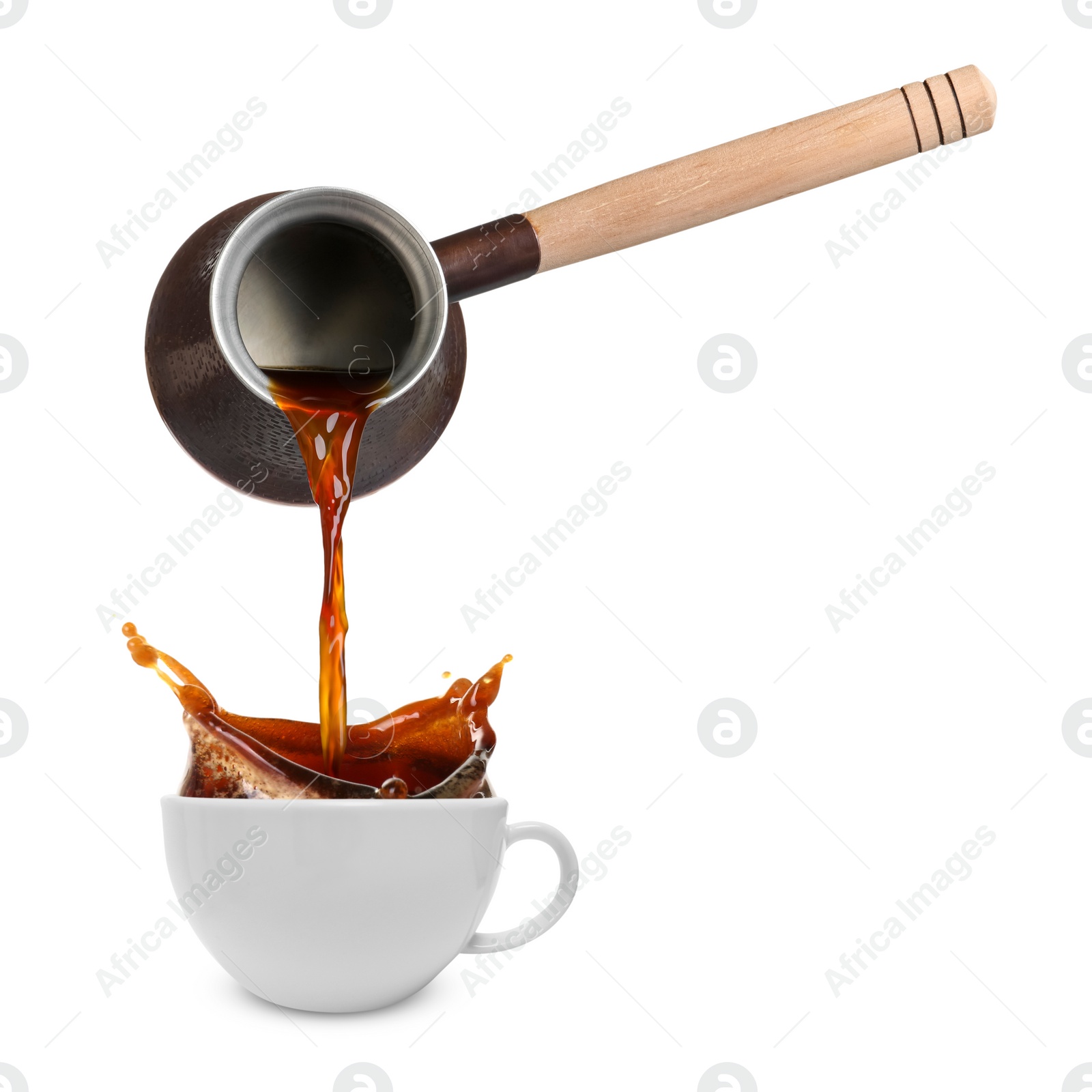 Image of Pouring freshly brewed aromatic coffee from turkish pot into cup. Objects in air on white background