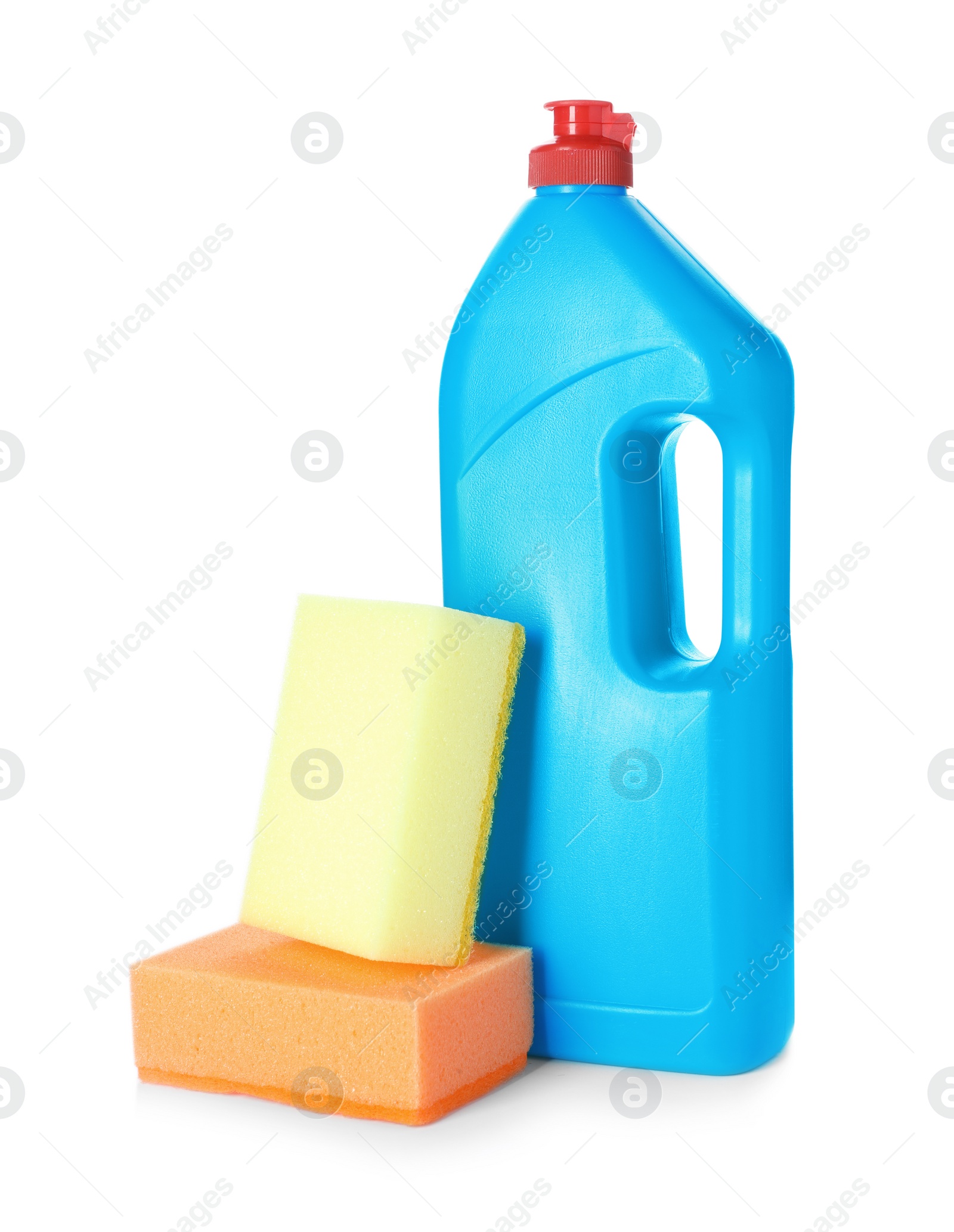 Photo of Cleaning product and sponges for dish washing on white background