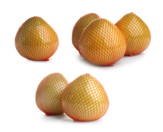 Image of Set of fresh exotic pomelo fruits on white background 