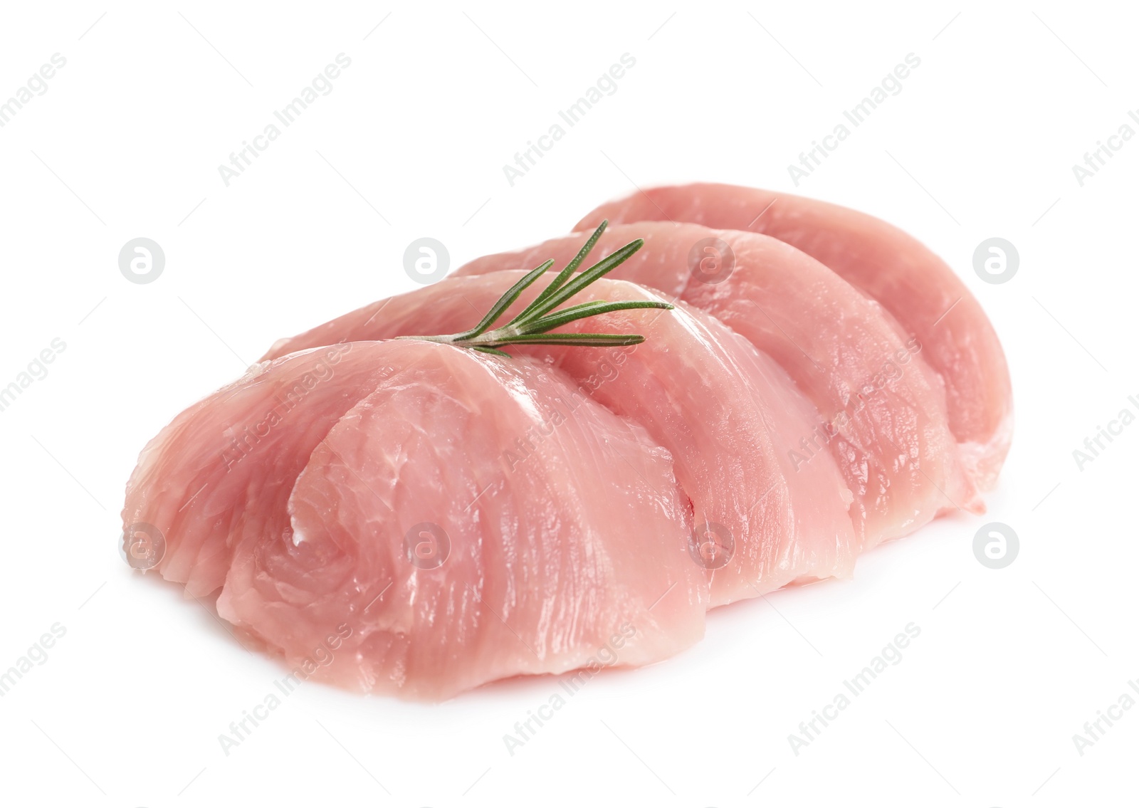 Photo of Cut raw turkey fillet with rosemary on white background