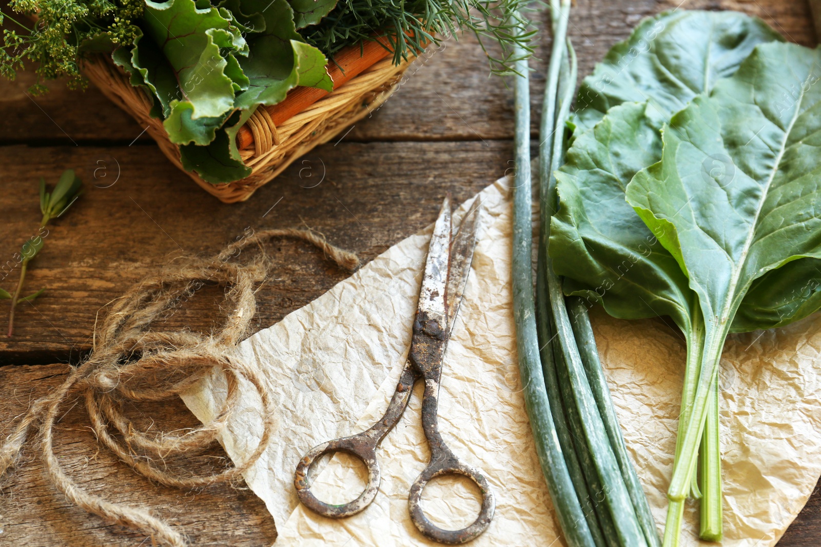 Photo of Flat lay composition with different herbs and rusty scissors on wooden table