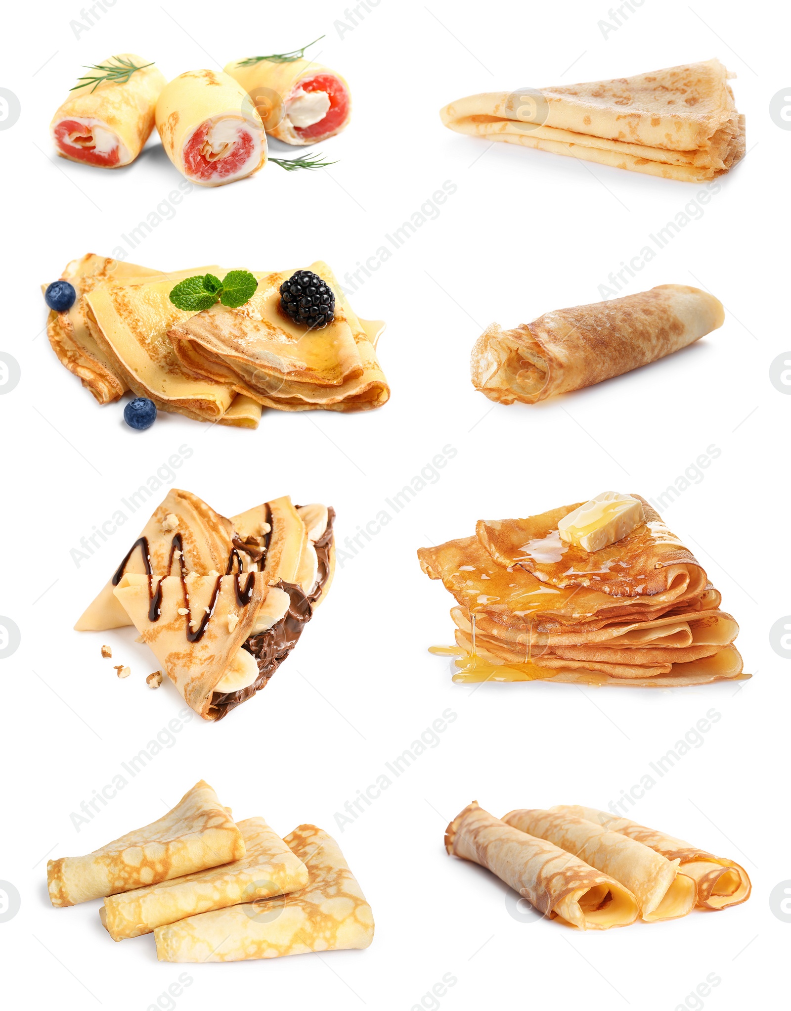 Image of Set of tasty thin pancakes on white background