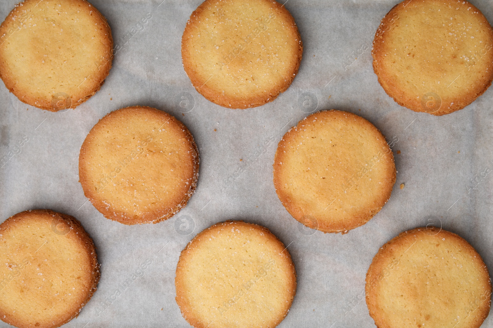 Photo of Tasty sweet sugar cookies on tray, top view