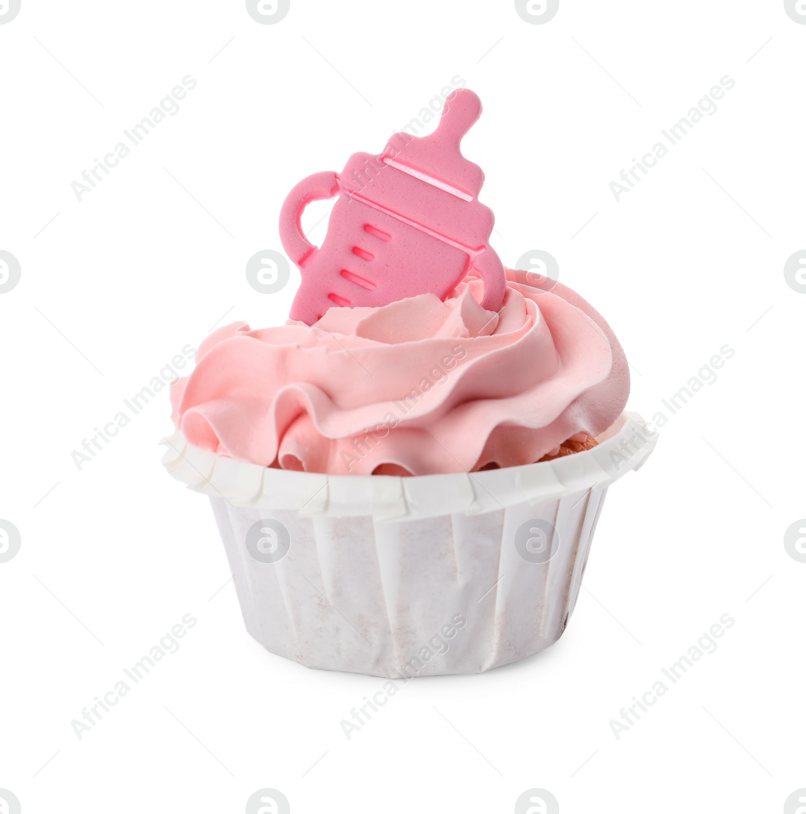 Photo of Baby shower cupcake with pink cream and topper isolated on white