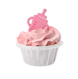 Photo of Baby shower cupcake with pink cream and topper isolated on white