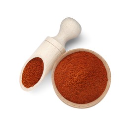 Photo of Scoop and bowl with aromatic paprika isolated on white, top view
