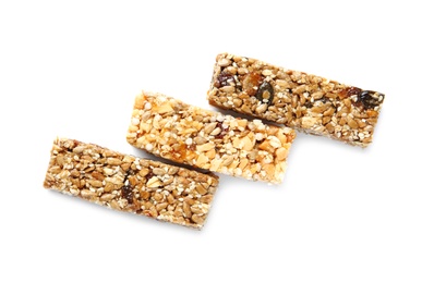 Different grain cereal bars on white background. Healthy snack