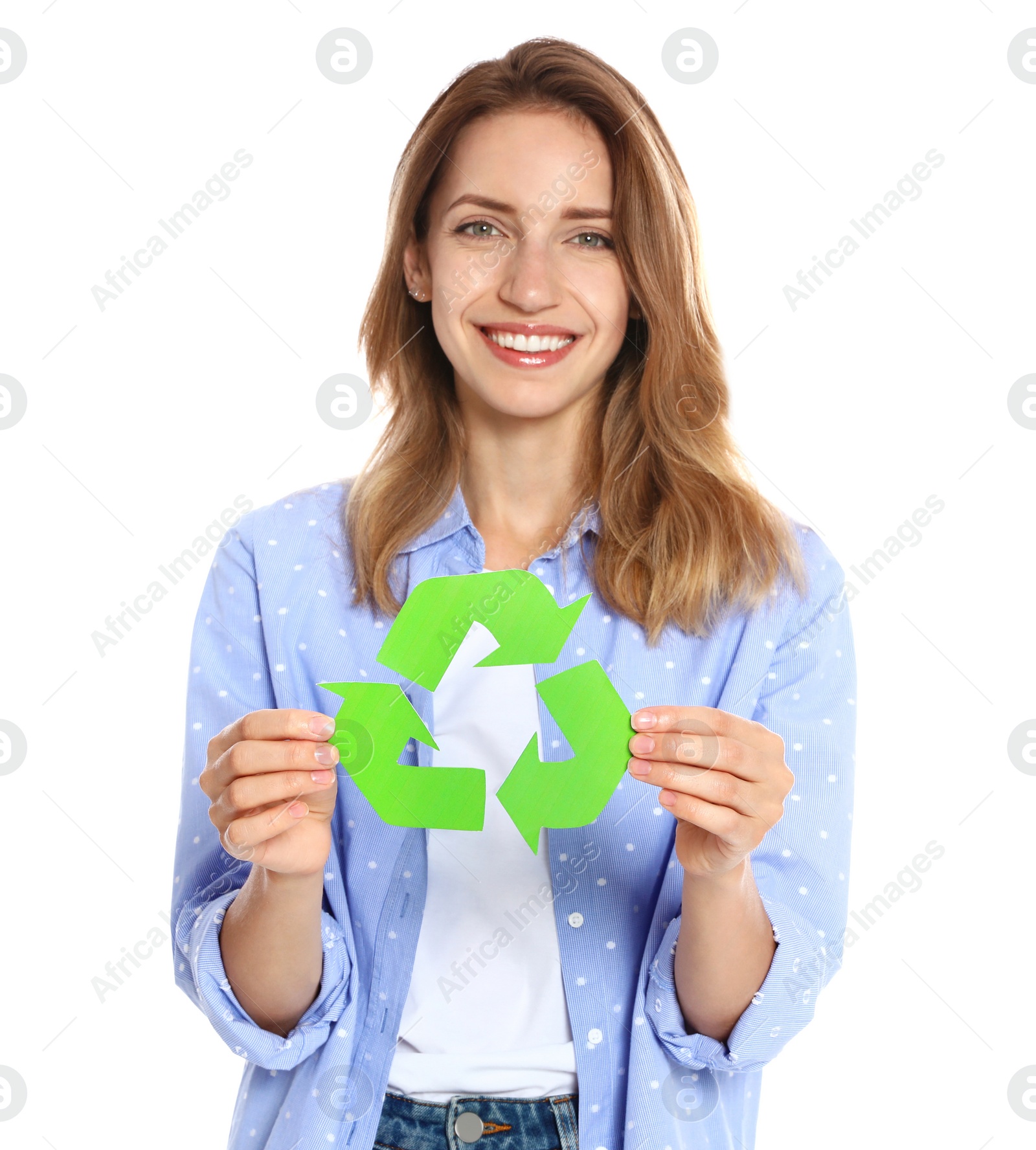 Photo of Young woman with recycling symbol on white background