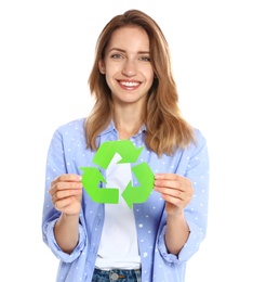 Photo of Young woman with recycling symbol on white background