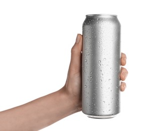 Photo of Woman holding aluminum can on white background, closeup