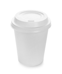 Photo of Takeaway paper coffee cup with lid on white background. Space for design