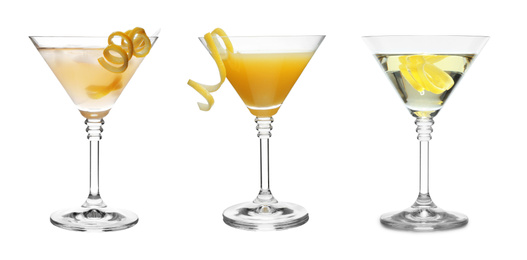 Image of Set with different martini cocktails on white background 