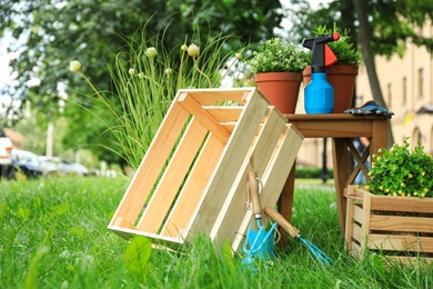 Composition with gardening tools on green grass