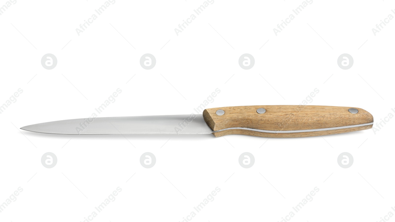 Photo of One sharp knife with wooden handle isolated on white