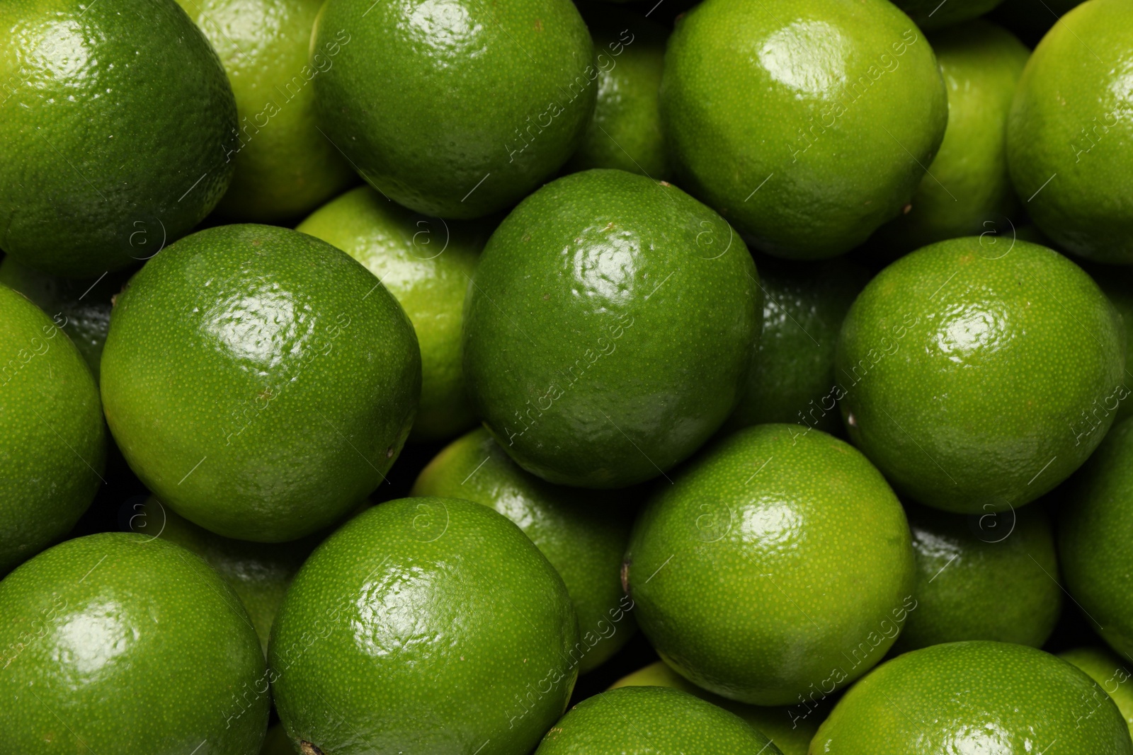 Photo of Many fresh ripe limes as background, top view