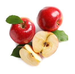 Photo of Ripe red apples with slices on white background