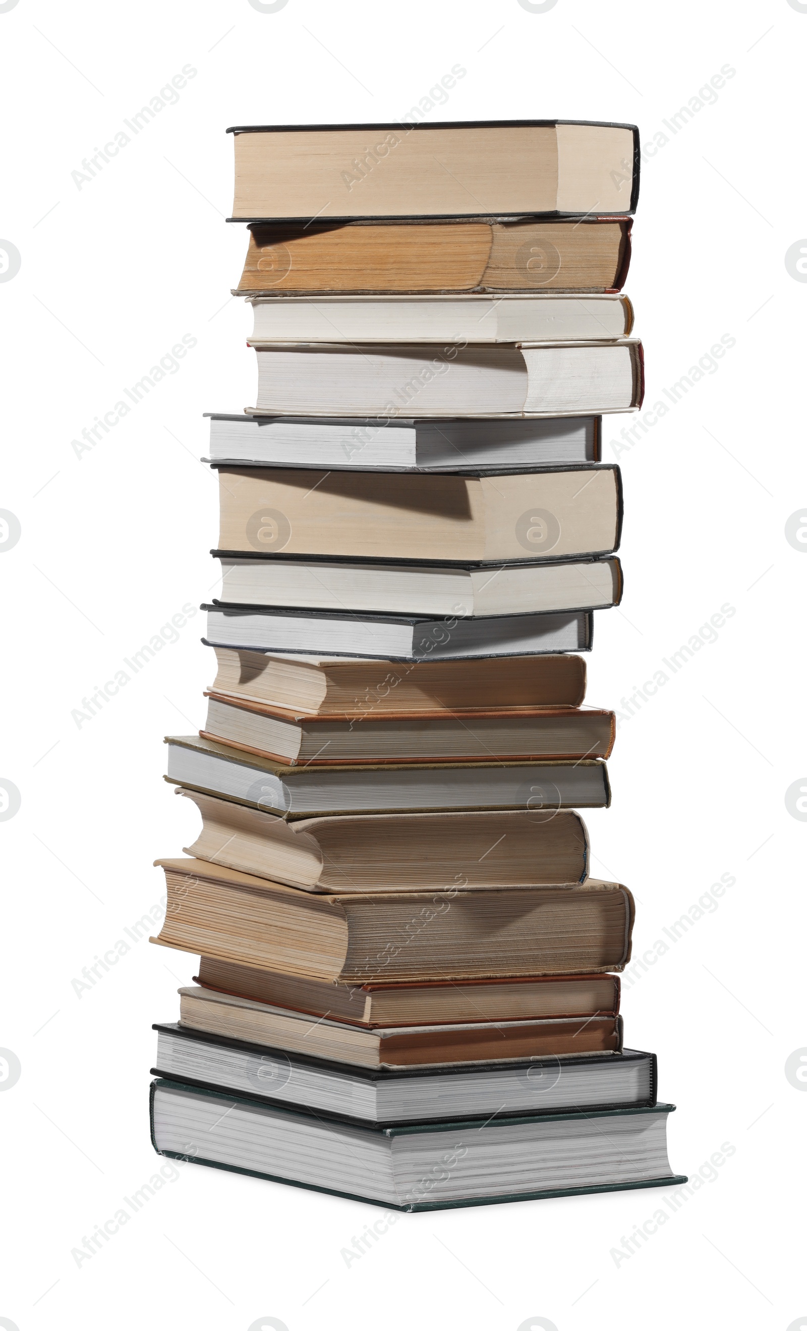 Photo of High stack of many different books isolated on white