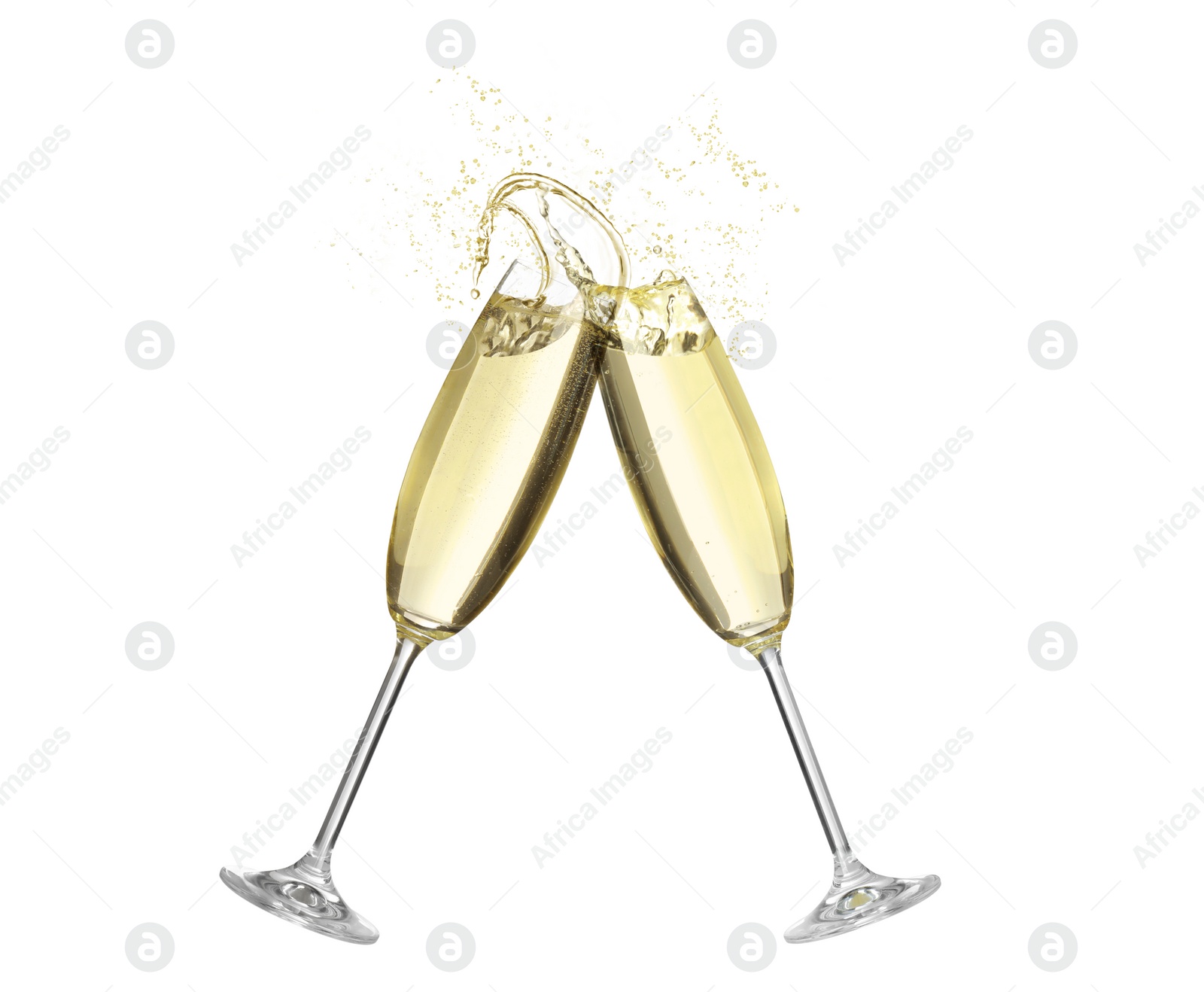 Image of Clinking glasses of sparkling wine with splash on white background