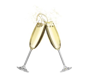 Image of Clinking glasses of sparkling wine with splash on white background