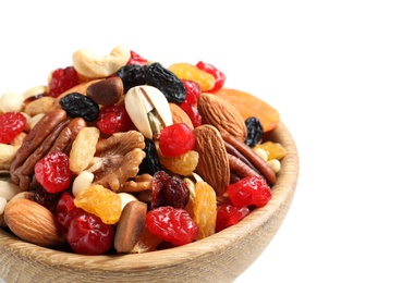 Photo of Bowl with different dried fruits and nuts on white background, closeup. Space for text