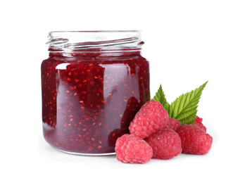 Photo of Delicious jam in glass jar and fresh raspberries isolated on white