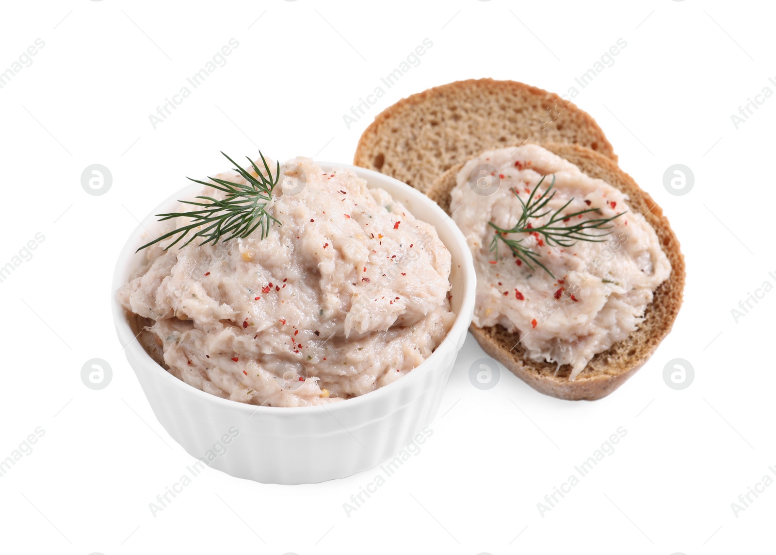 Photo of Delicious lard spread and sandwich on white background