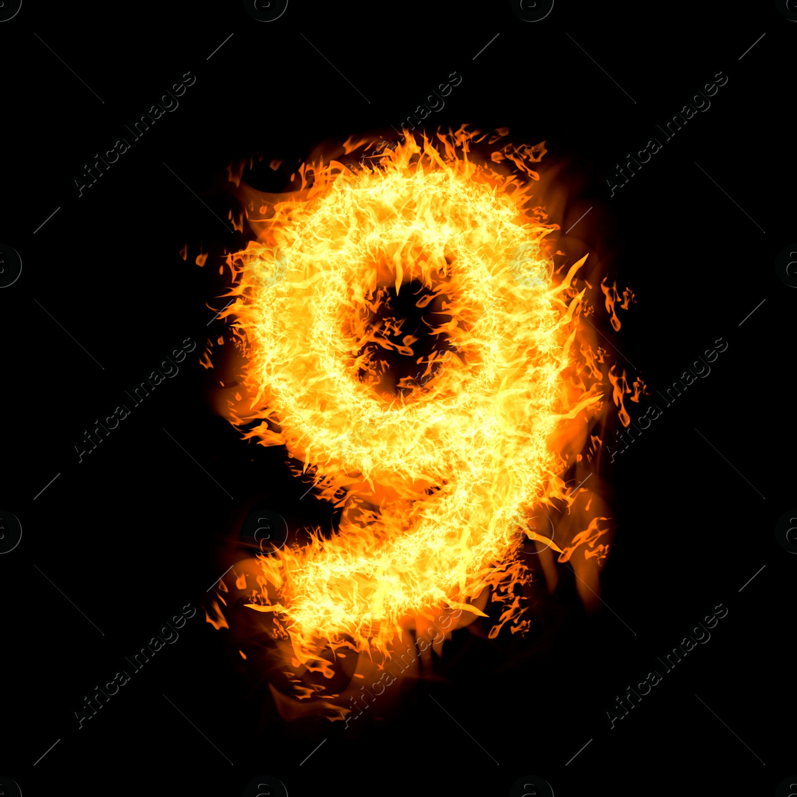 Image of Flaming 9 on black background. Stylized number design