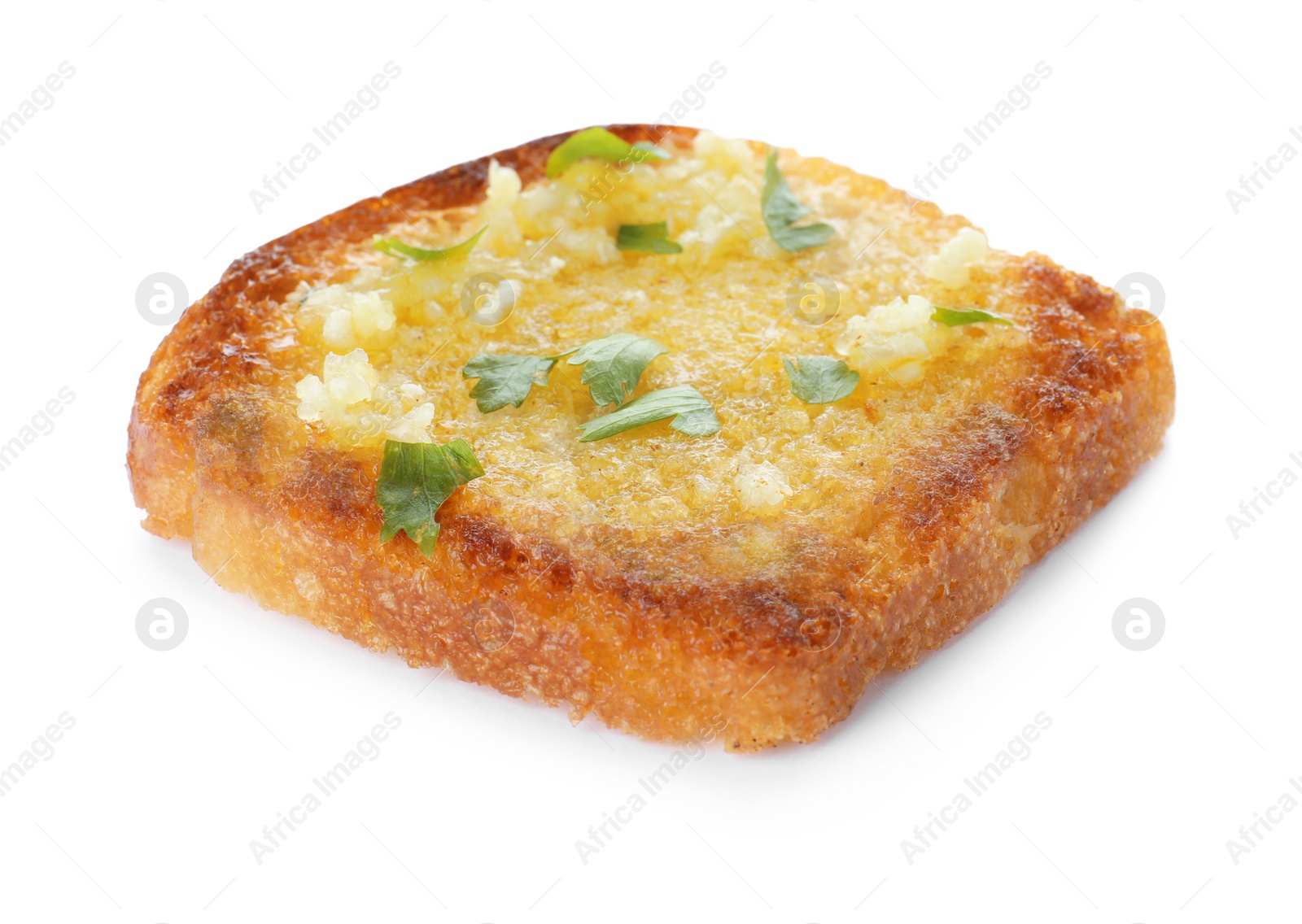 Photo of Slice of toasted bread with garlic and herb on white background