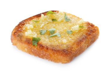 Photo of Slice of toasted bread with garlic and herb on white background