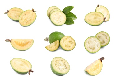 Set of fresh ripe feijoas on white background