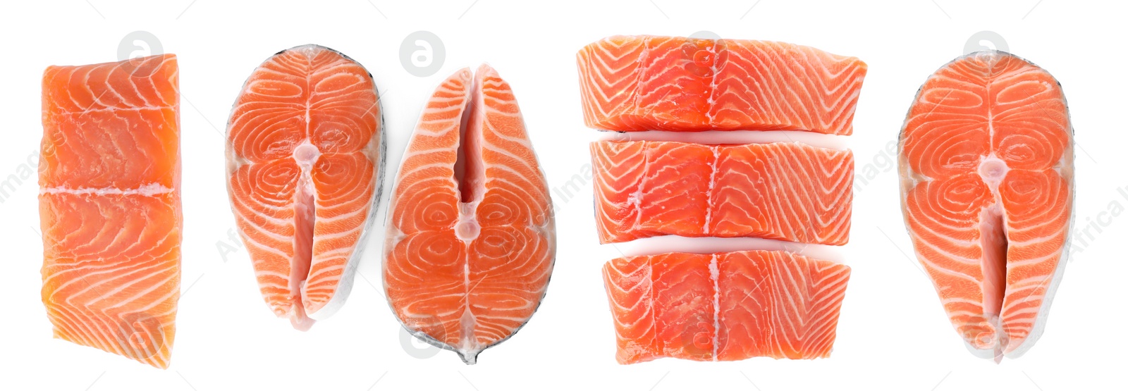 Image of Set of fresh raw salmon on white background, top view. Fish delicacy