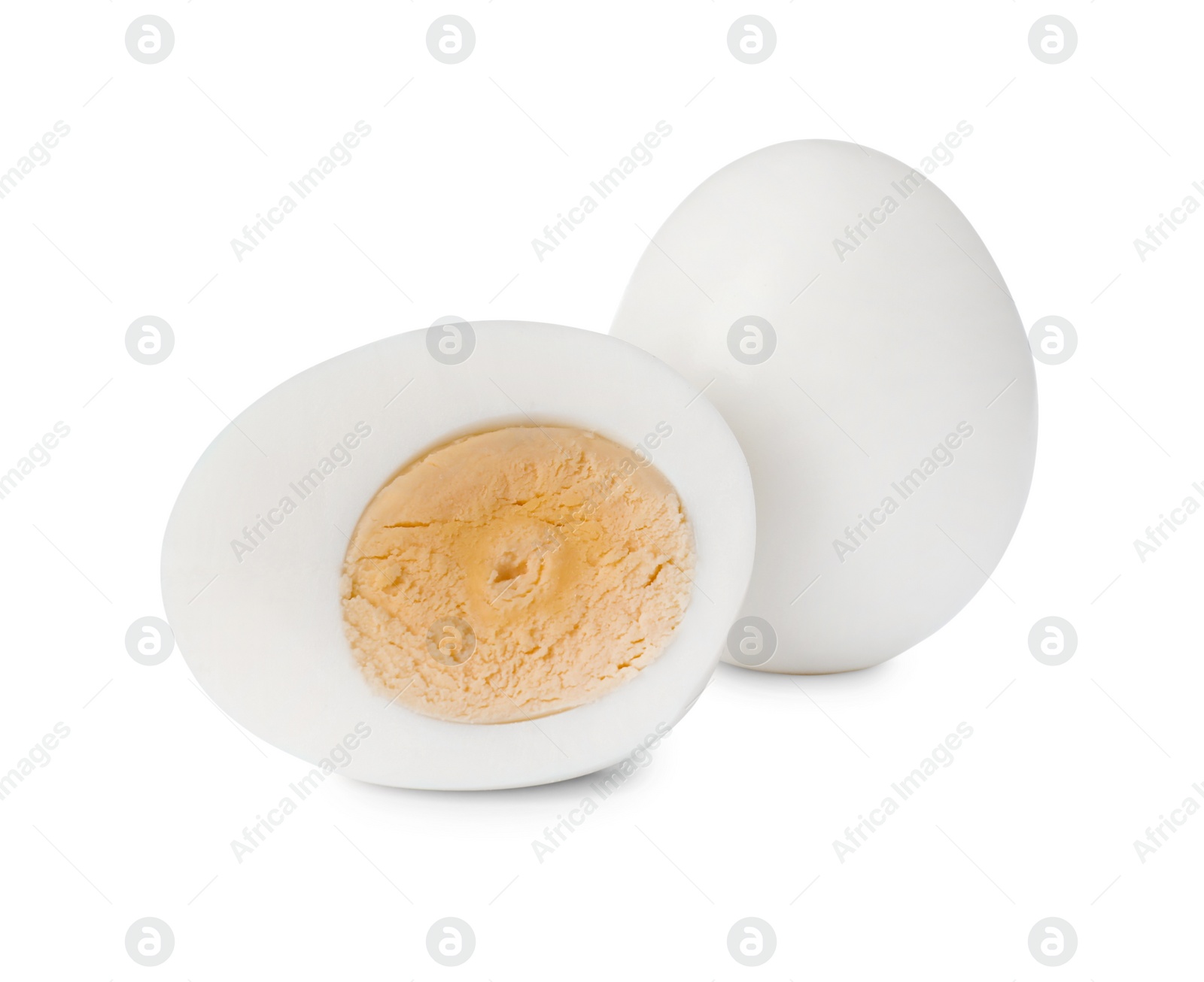 Photo of Fresh peeled hard boiled eggs on white background