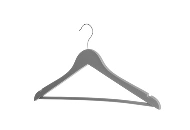 Photo of Empty hanger on white background. Wardrobe accessory