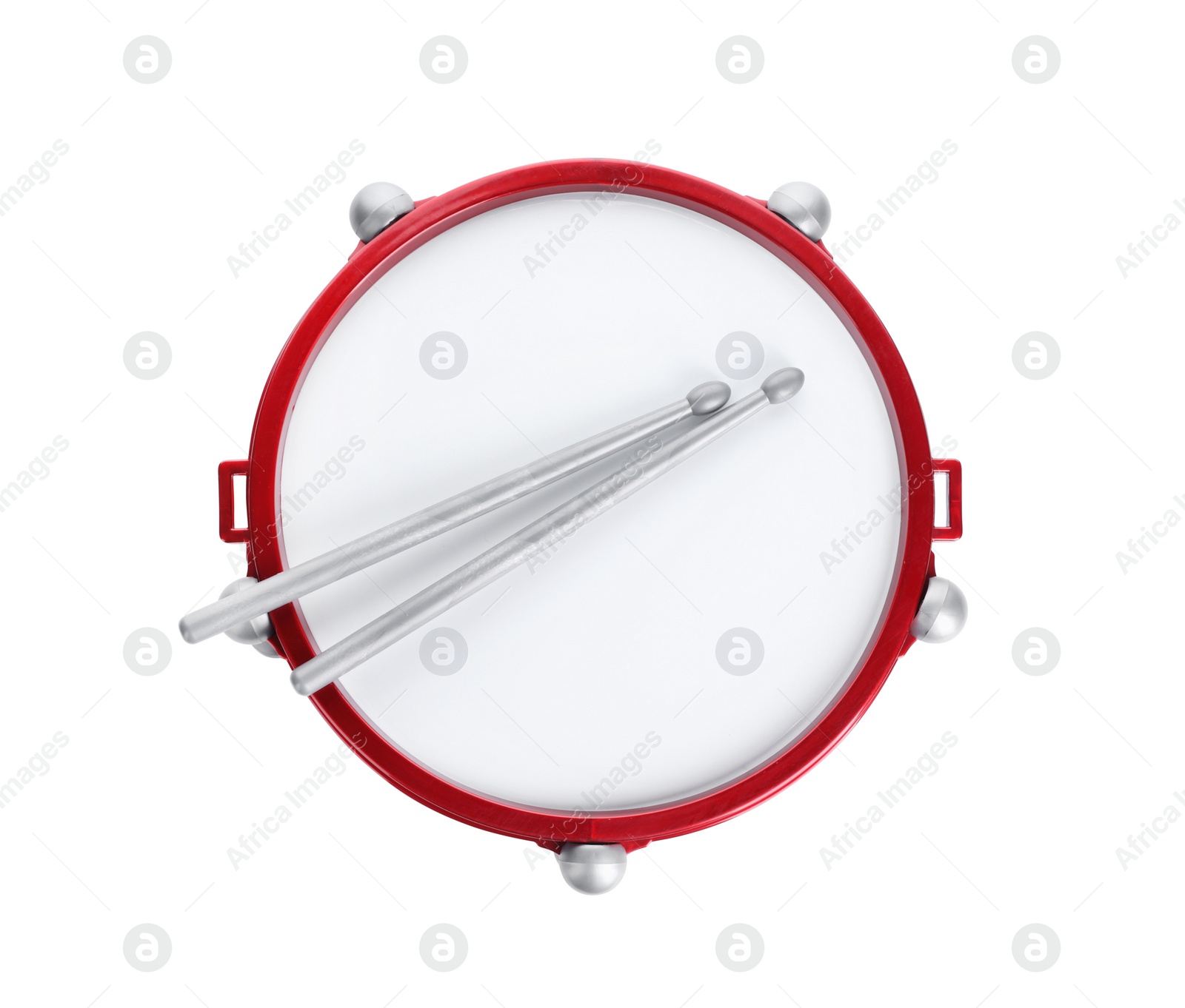 Photo of Drum with sticks isolated on white, top view