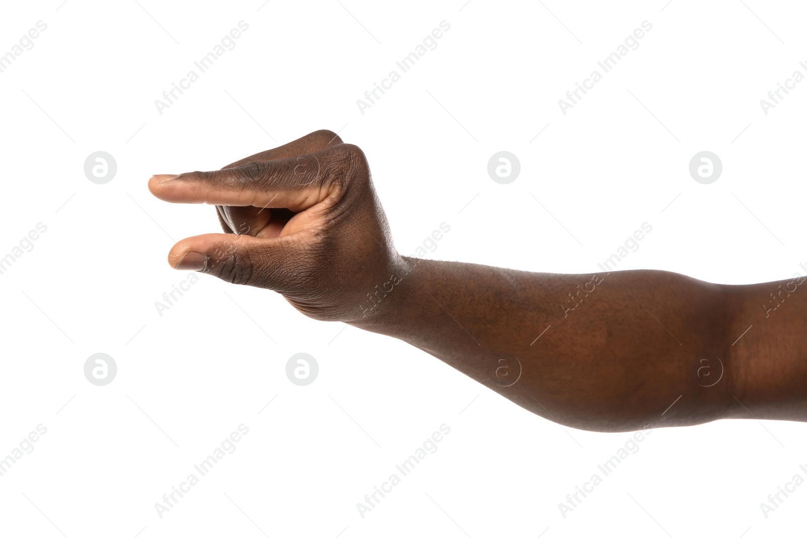 Photo of African-American man holding something in hand on white background, closeup