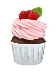 Sweet cupcake with fresh raspberries on white background