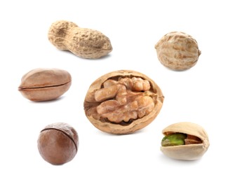 Image of Set with different tasty nuts on white background