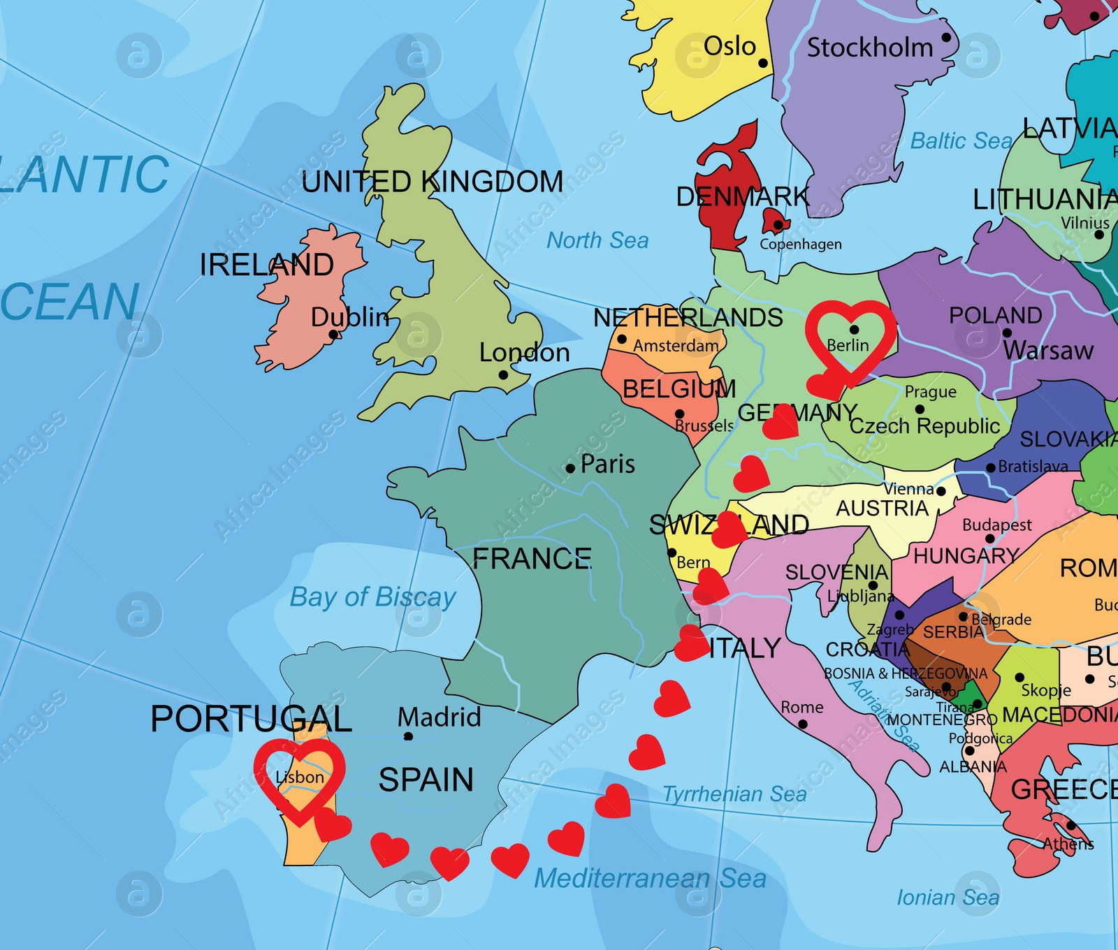 Illustration of Love in long-distance relationship. Connecting line of red hearts between Lisbon and Berlin on world map