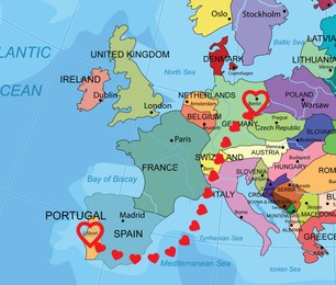 Illustration of Love in long-distance relationship. Connecting line of red hearts between Lisbon and Berlin on world map