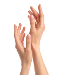 Photo of Woman showing hands on white background, closeup