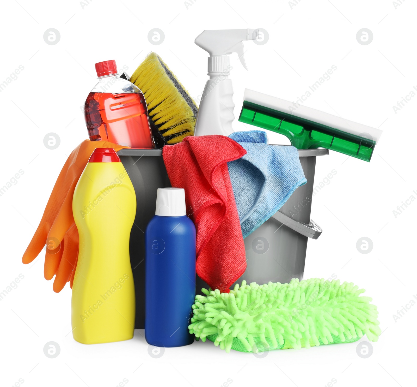 Photo of Grey bucket and many different car wash products on white background