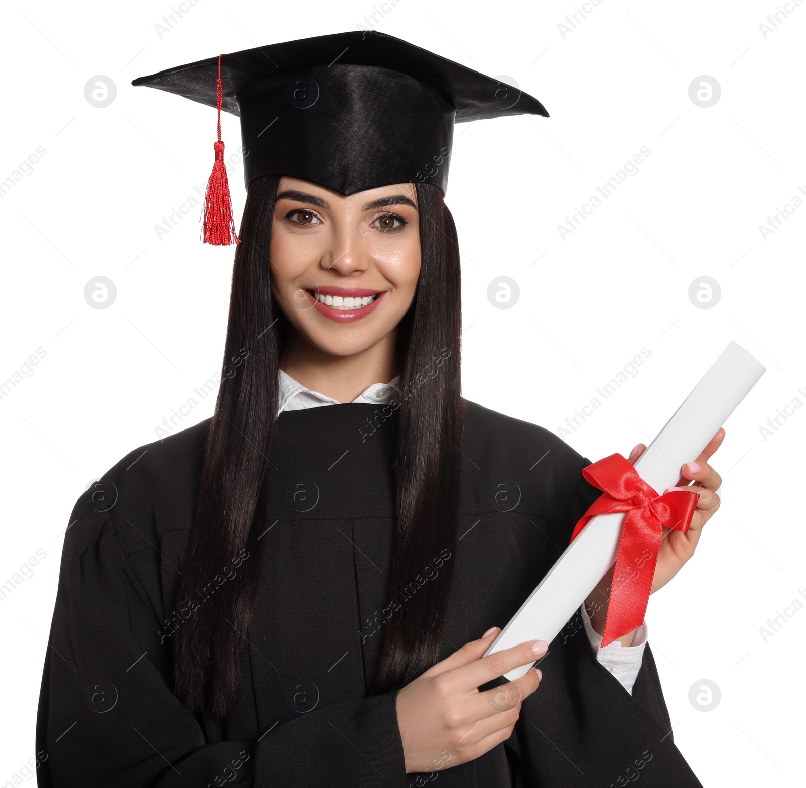 Photo of Happy student with graduation hat and diploma on white background