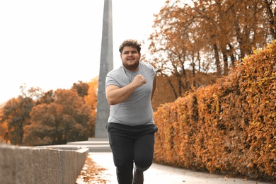 Photo of Young overweight man running in park. Fitness lifestyle