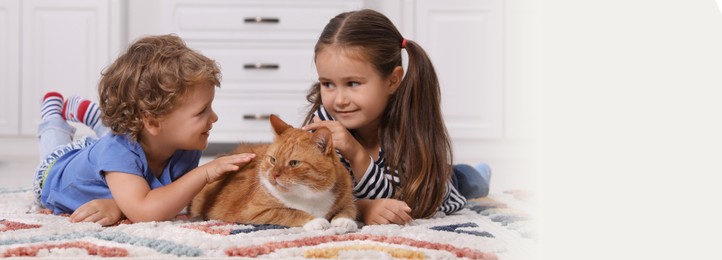 Image of Little children petting cute ginger cat on carpet at home. Banner design with space for text