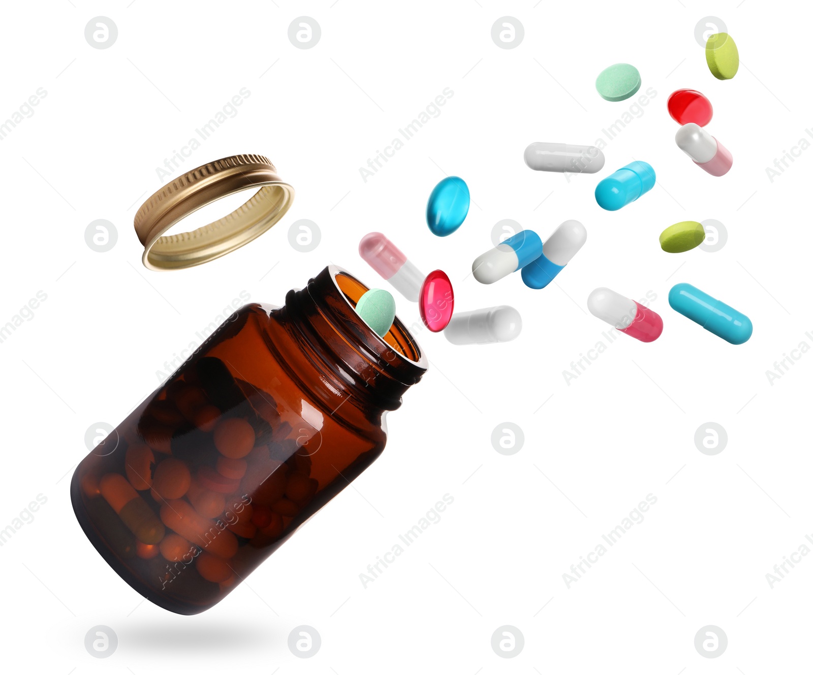 Image of Many different colorful pills falling into bottle on white background
