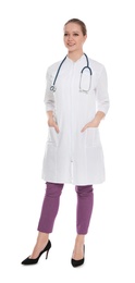 Photo of Full length portrait of medical doctor with stethoscope isolated on white