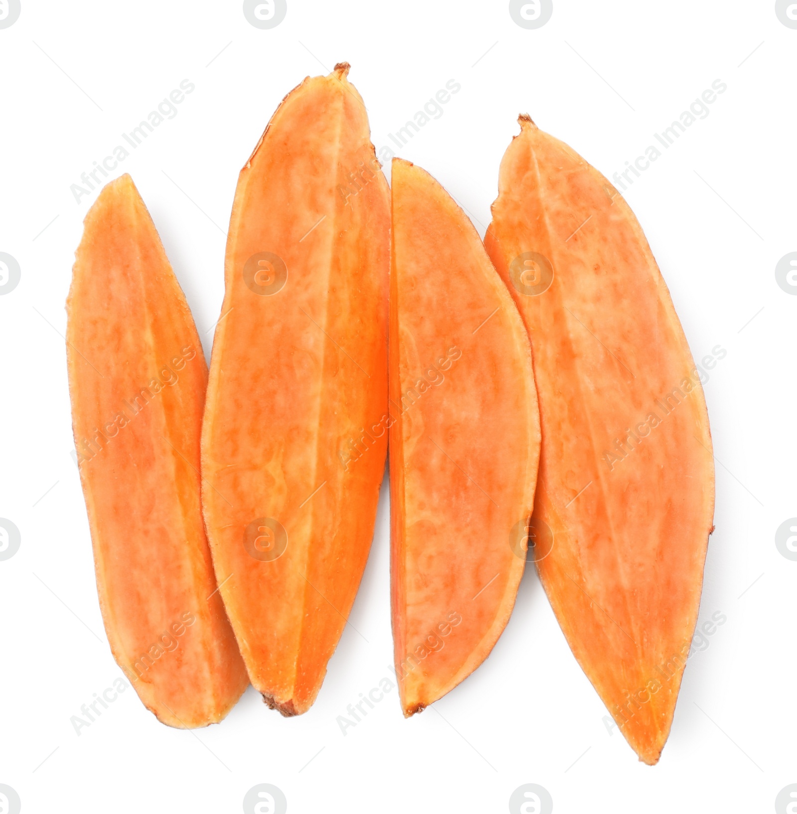 Photo of Cut fresh sweet potato on white background, top view