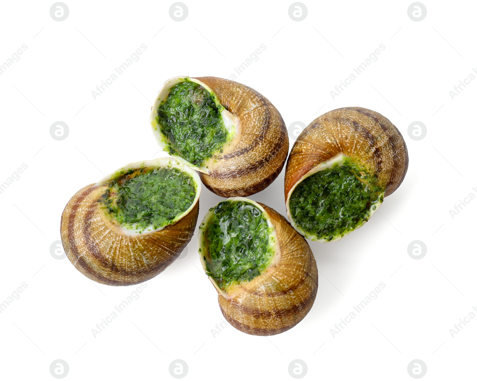 Photo of Delicious cooked snails isolated on white, top view